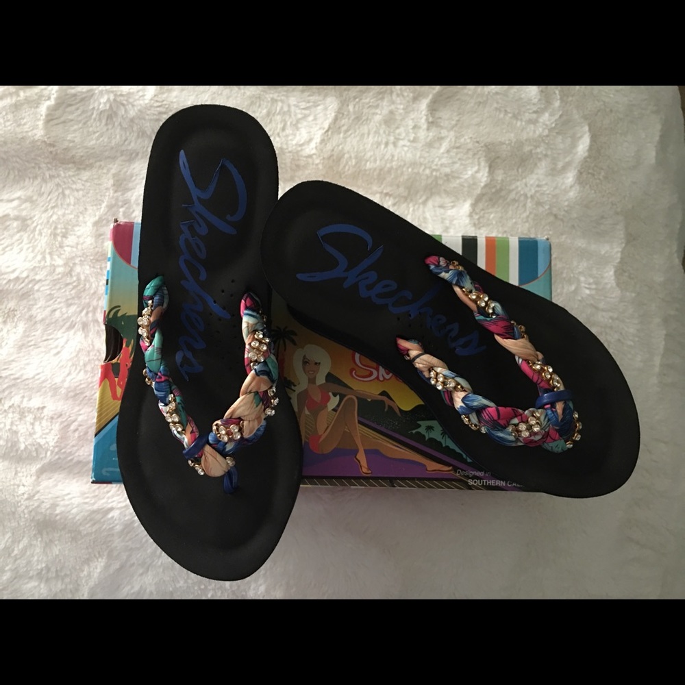Skechers Black Wedge Flip Flops with Multicolor Braided Straps